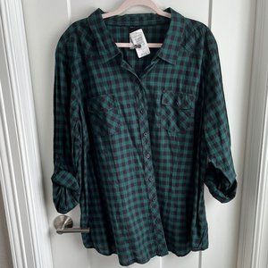 Torrid Taylor - Green and Black Plaid Twill Camp Shirt | Size: 4X